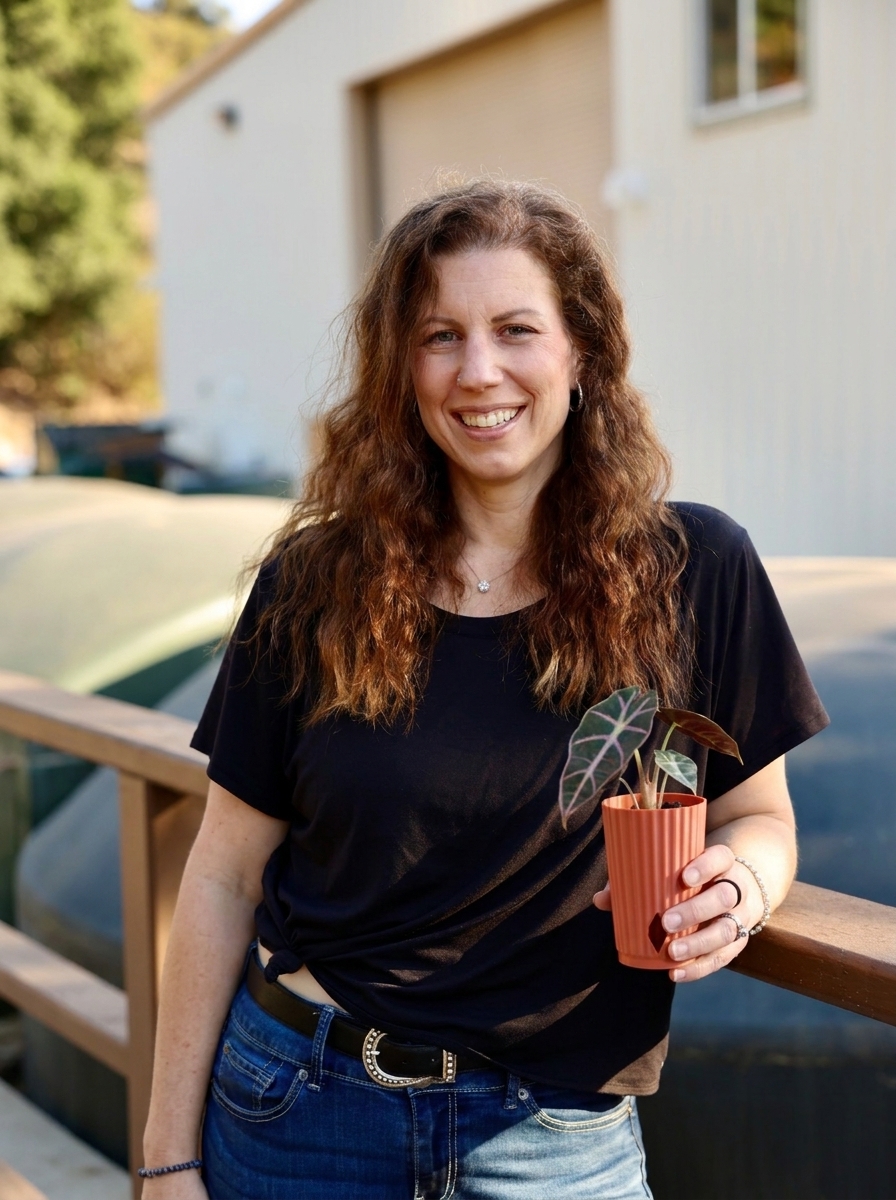 Mary, founder of House of Plart, holding an Alocasia in a terracotta cover pot